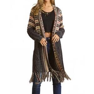 NEW ADORA maya fringe hem aztec cardigan -plus in black